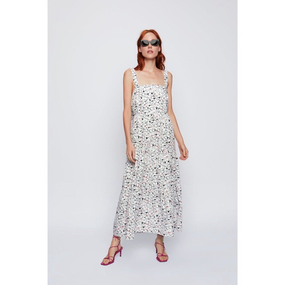 ZARA Floral Print Maxi Dress White Open Back Tie Bow Romantic Tiered Ruffle XS
